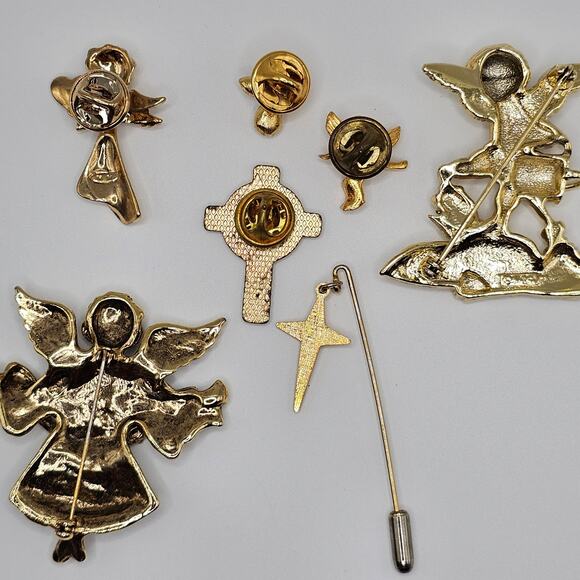 Vintage Brooch Pin Costume Jewelry Bundle Angel Cross Goldtone Faith Religious - Picture 2 of 11